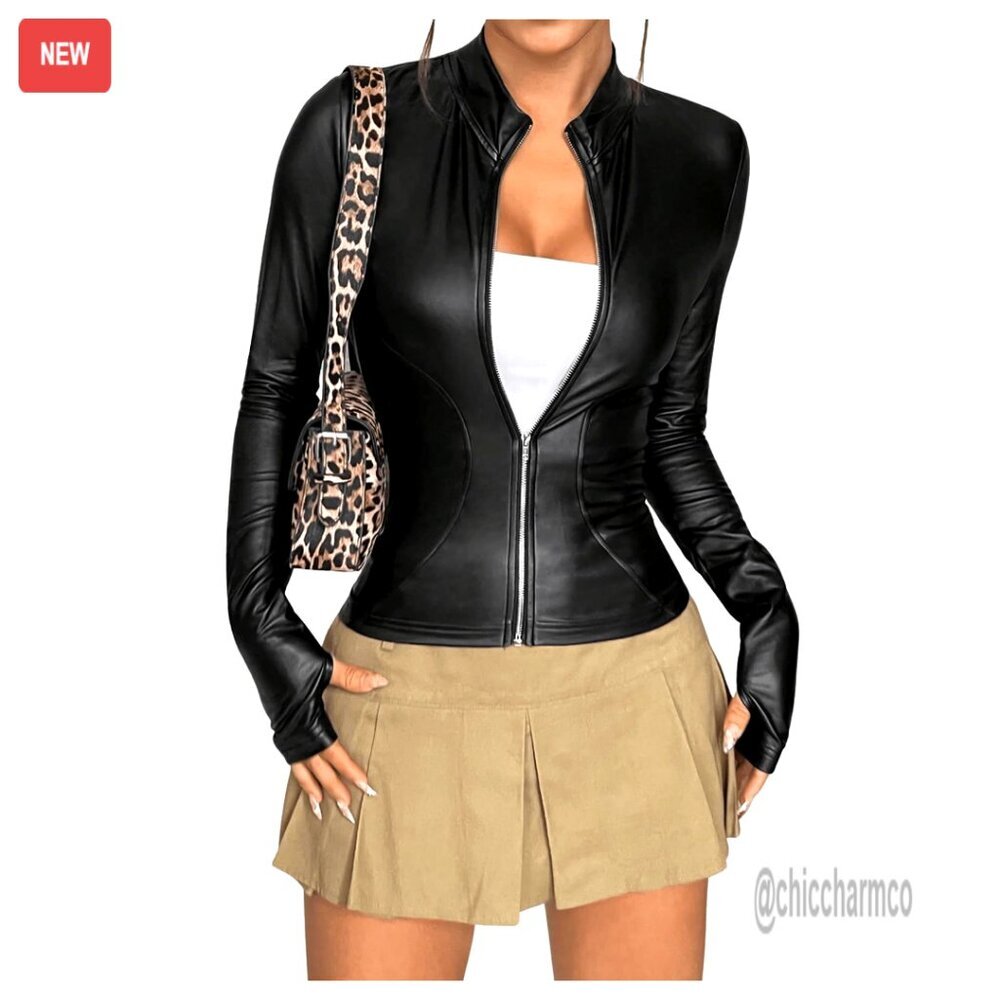 Faux Leather Jacket with Fleece Lining, Mock Neck, Zip Front, Slim Fit - Picture 1 of 5